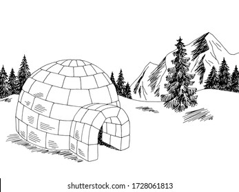 Igloo winter mountain landscape graphic black white sketch illustration vector