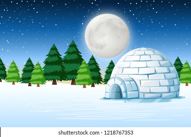 Igloo in winter night landscape illustration