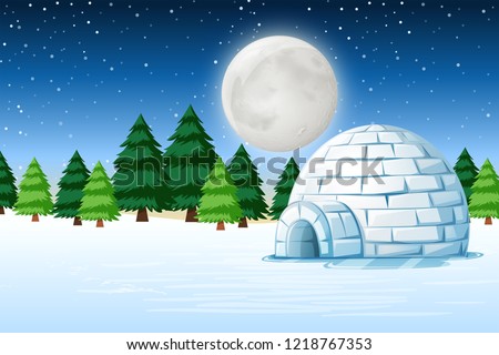 Igloo in winter night landscape illustration