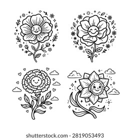 Ignite artistic expression and support early fine motor development in young children with this delightful set of happy marigold and garden blossom coloring page vectors. Rendered in a bold, clean black-and-white outline design, this high-quality bundle includes four beautiful cartoon illustrations of smiling flower heads accompanied by whimsical elements like floating hearts, twinkling stars, friendly clouds, and delicate foliage patterns. Ideally optimized for preschool educational settings, kindergarten activity worksheets, personalized children's coloring books, and instant download home craft activities, these clear line drawings offer a cheerful, welcoming canvas for toddlers and young artists alike.

#ColoringPages #KidsActivities #CuteMarigolds #GardenBlossoms #LineArt #PrintableWorksheets #ChildrensBook #HappyFlowers #VectorDrawing #PreschoolCrafts #ColoringSheets