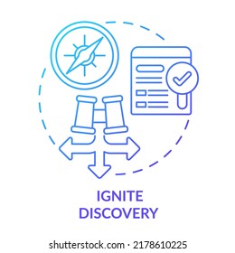 Ignite discovery blue gradient concept icon. How to get found on internet. Search engine optimization pillar abstract idea thin line illustration. Isolated outline drawing. Myriad Pro-Bold font used