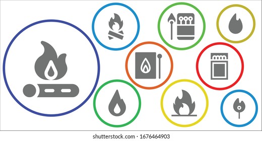 Ignite Icon Set. 9 Filled Ignite Icons.  Simple Modern Icons Such As: Bonfire, Matches, Fire, Match