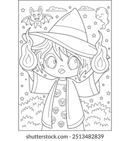 página do livro de coloração de halloween bruxa de ignite kawaii para crianças e adultos de coloração criativa de atenção à atividade de relaxamento