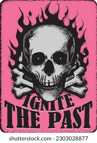 Ignite the past, gangster, gang, vintage poster, retro, t shirt, print, blazing, firing, gray and pink colors, art, music, 1960, old west, gangster, skull, skull gang, bones