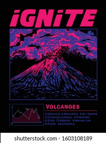 Ignite slogan print design with volcano illustration