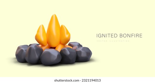 Ignited bonfire, 3D illustration. Camping fire in properly prepared place. Stone fireplace. Rules for safe handling of fire outside. Color poster in plasticine style