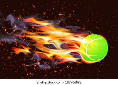 Ignited tennis ball flying through the air