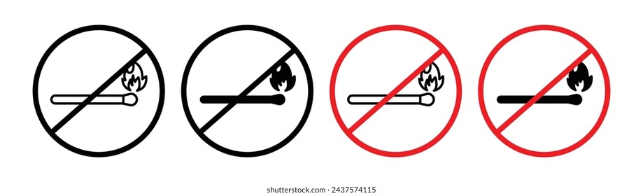 Icono de línea de prohibición de encendido Icono de prohibición de inicio de llama en estilo plano sólido y contorno.