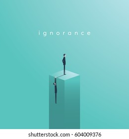 Ignoranz und Kommunikation Fragen Vektorkonzept. Geschäftsmann steht auf Säule, nicht hilfreich. Eps10 Vektorgrafik.