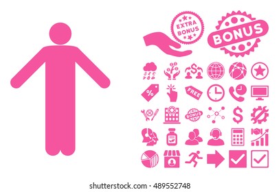 Ignorance Pose icon with bonus elements. Vector illustration style is flat iconic symbols, pink color, white background.