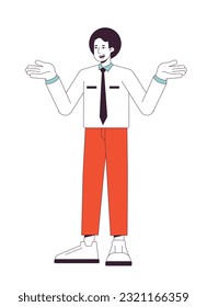 Ignorant office worker shrugging with confusion flat line color vector character. Editable outline full body person on white. Afro hair employee simple cartoon spot illustration for web graphic design