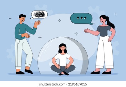 Ignorieren Sie das Rauschkonzept. Das Mädchen sitzt in Lotusposition in der Kuppel. Mann und Frau streiten und schreien einander an. Psychische Gesundheit und Psychologie, Ruhe und innere Balance. Cartoon-Flavektor-Vektorgrafik