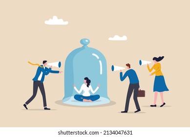 Ignore noise or distraction, keep calm and avoid conflict or problem, challenge to survive in toxic workplace concept, businesswoman meditating and keep calm under covered to ignore people noise.