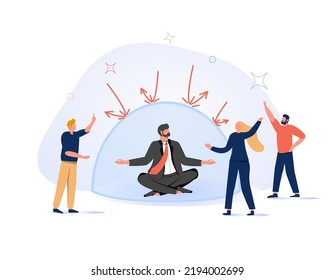 Ignore noise or distraction, keep calm and avoid conflict or problem, challenge to survive in toxic workplace concept, businesswoman meditating and keep calm under covered to ignore people noise.