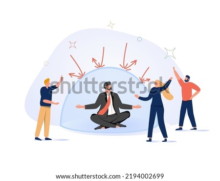 Ignore noise or distraction, keep calm and avoid conflict or problem, challenge to survive in toxic workplace concept, businesswoman meditating and keep calm under covered to ignore people noise.