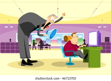 Ignoring The Boss. An office employee being yelled at by the boss and ignoring him by putting a cork in his ear.