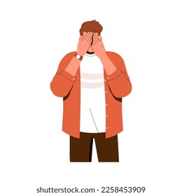 Ignoring, closing eyes with palms. Man character covering, hiding face, avoiding looking, refusing to see, blind to smth. Ignorance concept. Flat vector illustration isolated on white background.