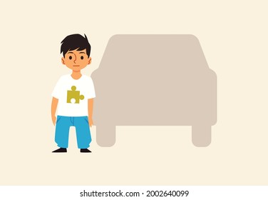 Ignoring of danger Autism symptom, flat vector illustration isolated on white background. Child with autism disorder does not notice danger of moving car.
