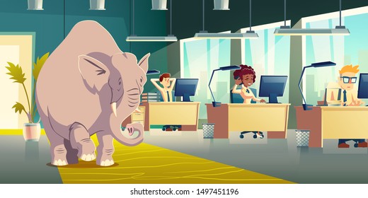 Ignoring elephant in room cartoon vector concept. Businesspeople, company employees, coworkers working at desks, overlooking, dont want discuss elephant in office illustration. Metaphorical idiom