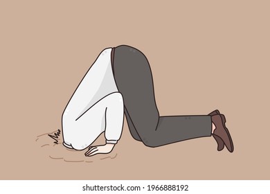 Ignoring problems in business concept. Man Businessman hiding his head in sand escaping from problems over grey background vector illustration 