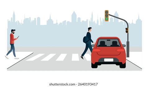 Ignoring red lights .Pedestrians crossing at a designated crosswalk while a car waits patiently, illustrating responsible road sharing and adherence to traffic signals in an urban setting