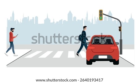 Ignoring red lights .Pedestrians crossing at a designated crosswalk while a car waits patiently, illustrating responsible road sharing and adherence to traffic signals in an urban setting