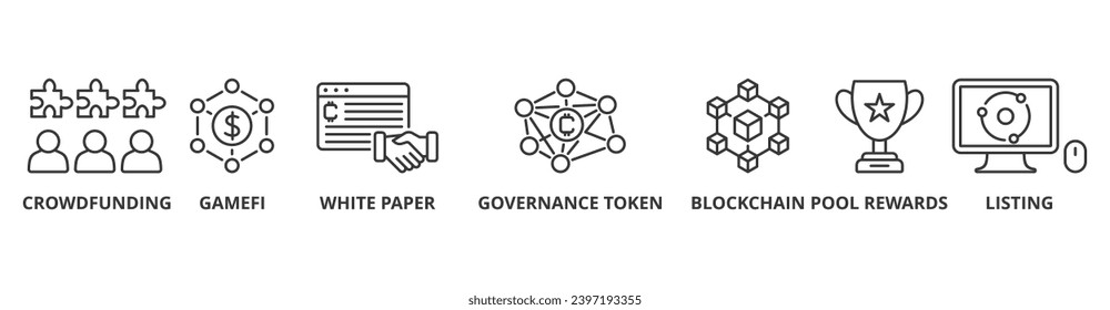 Icono web de banner de IGO concepto de ilustración vectorial de la oferta inicial de juegos con icono de crowdfunding, gamefi, white paper, token de gobernanza, blockchain, pool rewards y listado