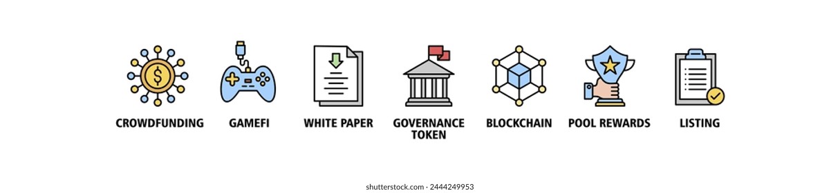 IGO banner web icon vector illustration concept of initial game offering with icon of crowdfunding, gamefi, white paper, governance token, blockchain, pool rewards and listing