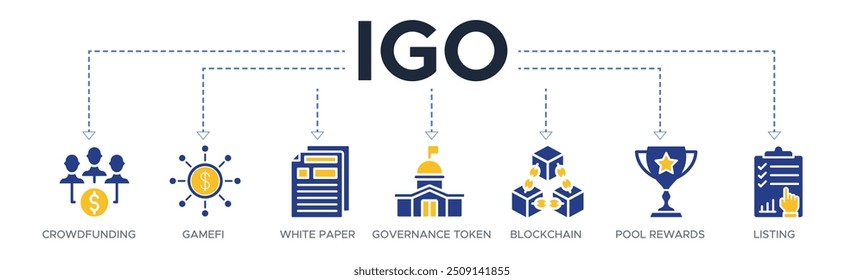 IGO banner web icon vetor ilustração conceito de oferta de jogo inicial com um ícone de crowdfunding, gamefi, white paper, token de governança, blockchain, prêmios de pool e listagem