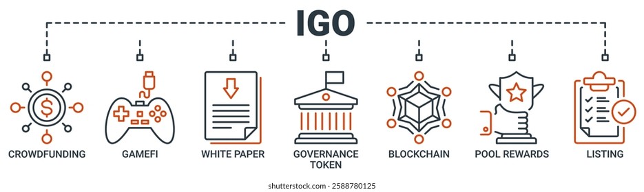 IGO banner web icon vector illustration concept of initial game offering with icon of crowdfunding, gamefi, white paper, governance token, blockchain, pool rewards and listing