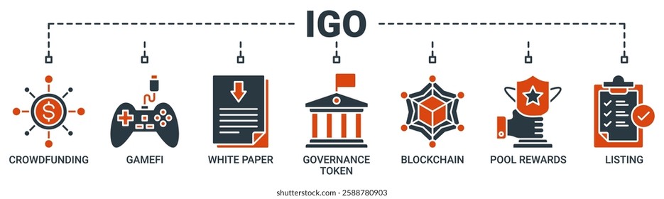 IGO banner web icon vector illustration concept of initial game offering with icon of crowdfunding, gamefi, white paper, governance token, blockchain, pool rewards and listing icons solid color symbol