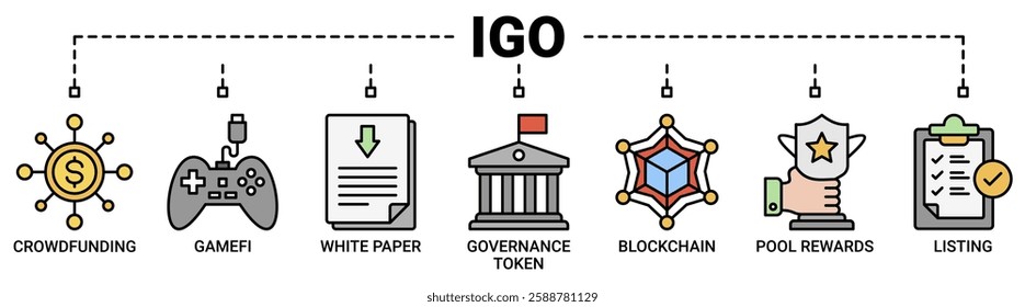 IGO banner web icon vector illustration concept of initial game offering with icon of crowdfunding, gamefi, white paper, governance token, blockchain, pool rewards and listing icons outline color.