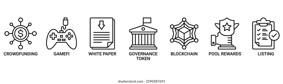 IGO banner web icon vector illustration concept of initial game offering with icon of crowdfunding, gamefi, white paper, governance token, blockchain, pool rewards and listing icons outline symbol.