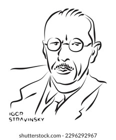 Igor Stravinsky portrait pen sketch illustration. Russian composer, pianist and conductor. Poster, Wall Decoration, Postcard, Social Media Banner, Brochure Cover Design Background. Vector Pattern.
