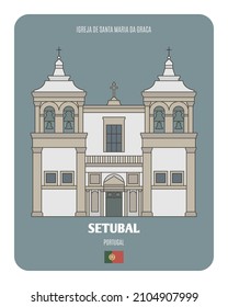 Igreja de Santa Maria da Graca in Setubal, Portugal. Architectural symbols of European cities. Colorful vector 