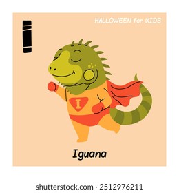 I for iguana. ABC for kids education. Cute iguana in superhero costume with cape for halloween. Cartoon vector illustration.
