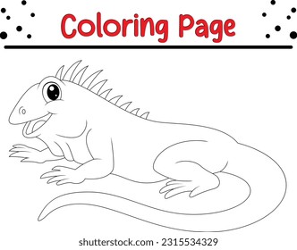 Iguana animal coloring page for kids. Black and white cartoon illustration