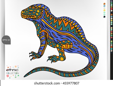 Iguana .Animal patterns with hand-drawn doodle waves and lines. Vector illustration in bright colors.