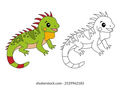 Iguana colorir páginas para crianças. Traço e cor Iguana. Iguana réptil animal flashcard para crianças. A letra I é para Iguana. Planilhas de jardim de infância e pré-escola imprimíveis para crianças.