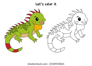 Iguana colorir páginas para crianças. Traço e cor Iguana. Iguana réptil animal flashcard para crianças. A letra I é para Iguana. Planilhas de jardim de infância e pré-escola imprimíveis para crianças. 