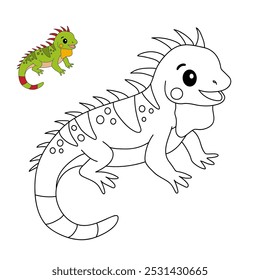 Iguana colorir páginas para crianças. Traço e cor Iguana. Iguana réptil animal flashcard para crianças. A letra I é para Iguana. Planilhas de jardim de infância e pré-escola imprimíveis para crianças. 