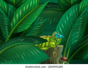 Iguana hidden in the tropical leaves background illustration