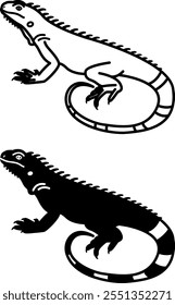 Iguana Icons. Black and White Vector Illustration. Large Tree Lizard. Domestic Pet. For Coloring Book Design. Pets Concept