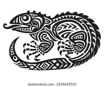 Iguana  illustration. Vector lizard reptile isolated on white background in maori style