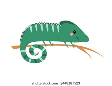 Iguana lizard icon sitting on a branch. Cute cartoon kawaii funny baby pet animal. Green color. Childish style. Educational card for kids. Flat design. White background. Isolated. Vector illustration
