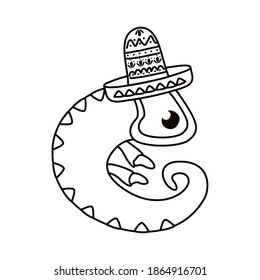 iguana with mexican hat culture line style vector illustration design