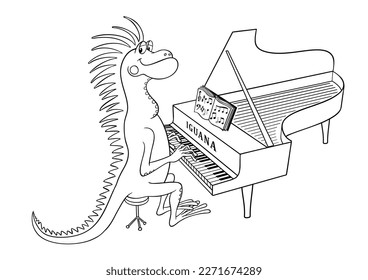 Iguana musician for children's coloring book. Vector outline image of a cartoon Iguana, isolated on white. Cute cartoon Iguana plays the grand piano.