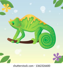 Iguana on the tree. Chameleon and leaves. Vector illustration. Cartoon style.