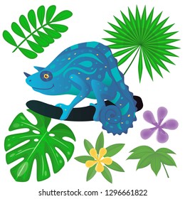 Iguana on the tree and jungle plants. Chameleon between palm and monstera leaves. Vector illustration. Cartoon style.