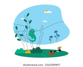 An iguana is perched on a tree branch and a little fox is sleeping on the grass, there are green plants, blue flowers and big stones, ecosystem vector illustration.